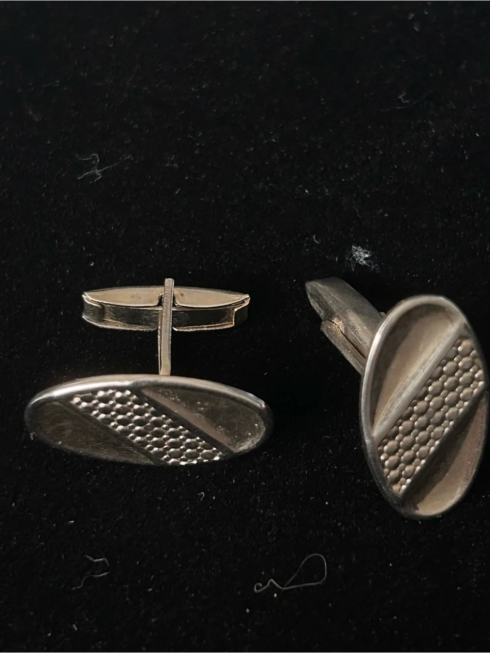 Silver Tone Oval Cufflinks Textured with Diagonal Stripes